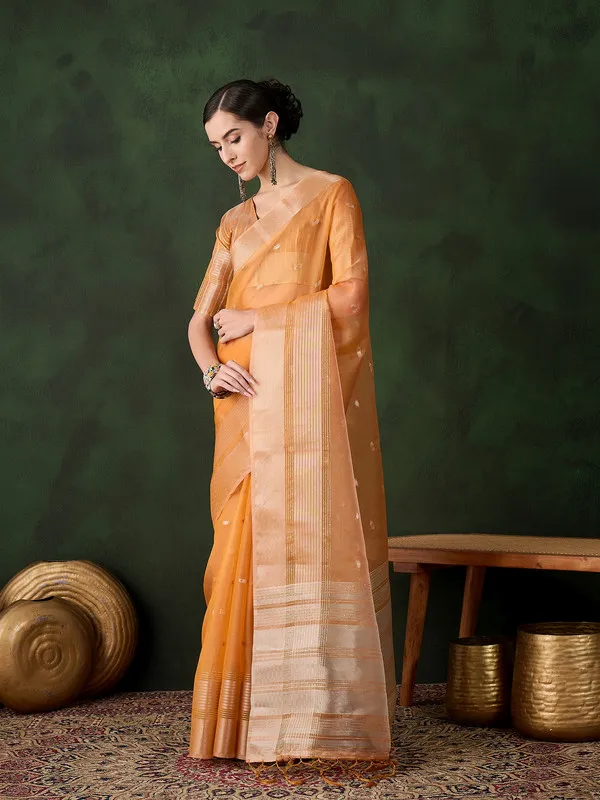 Orange_Khadi_Organza_Premium_&_Elegant_(_Polka_Dot_Jacquard,_Zari_Border_)_Saree_With_Blouse_Piece_For_Women