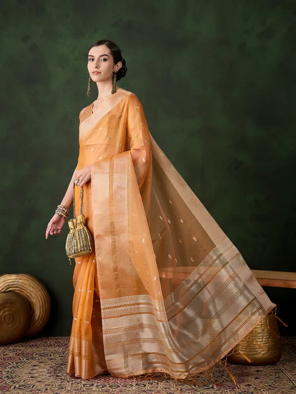 Orange_Khadi_Organza_Premium_&_Elegant_(_Polka_Dot_Jacquard,_Zari_Border_)_Saree_With_Blouse_Piece_For_Women