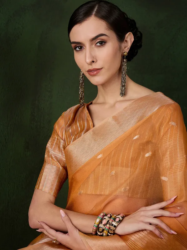Orange_Khadi_Organza_Premium_&_Elegant_(_Polka_Dot_Jacquard,_Zari_Border_)_Saree_With_Blouse_Piece_For_Women