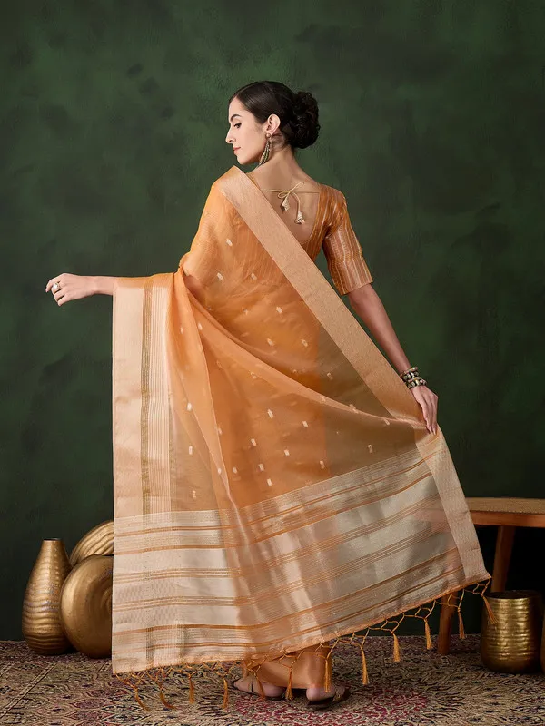 Orange_Khadi_Organza_Premium_&_Elegant_(_Polka_Dot_Jacquard,_Zari_Border_)_Saree_With_Blouse_Piece_For_Women
