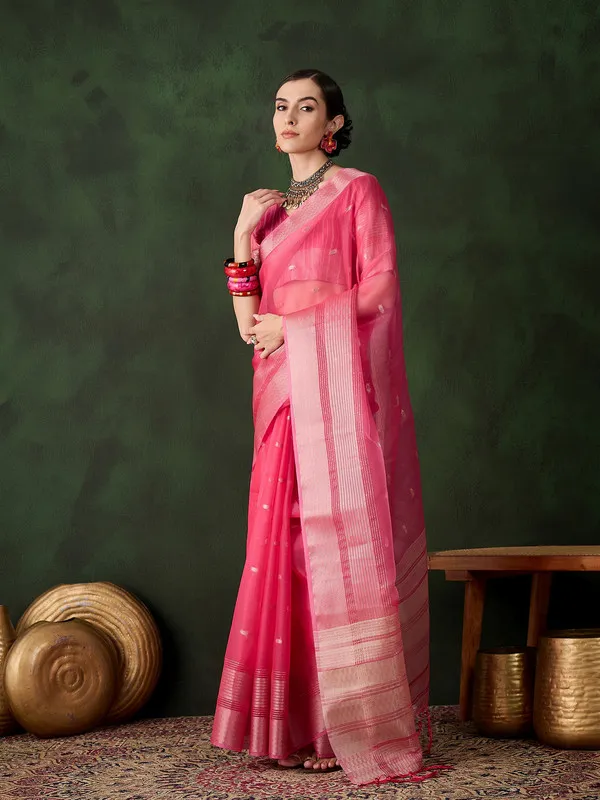 Pink_Khadi_Organza_Premium_&_Elegant_(_Polka_Dot_Jacquard,_Zari_Border_)_Saree_With_Blouse_Piece_For_Women
