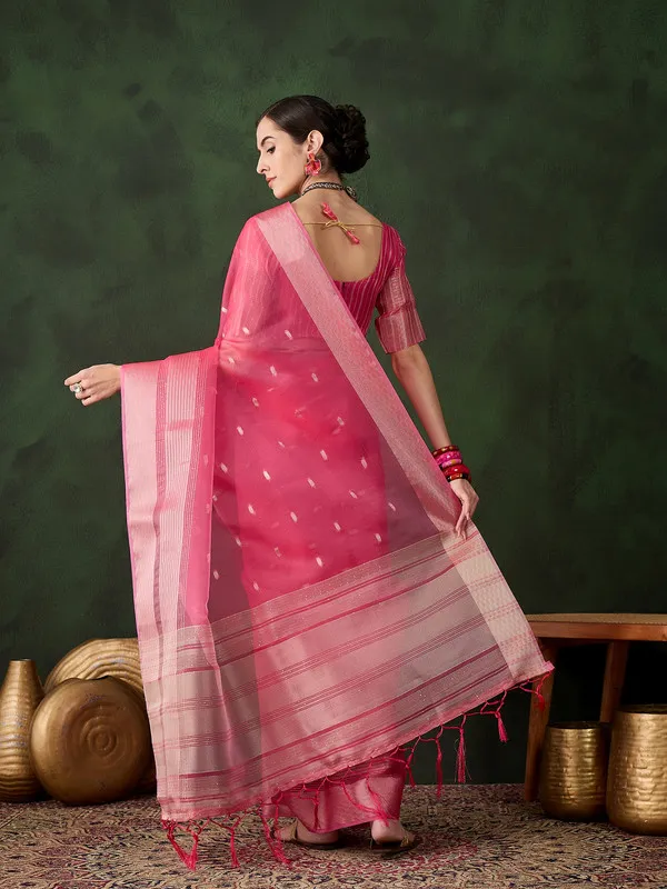 Pink_Khadi_Organza_Premium_&_Elegant_(_Polka_Dot_Jacquard,_Zari_Border_)_Saree_With_Blouse_Piece_For_Women