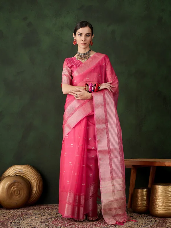 Pink_Khadi_Organza_Premium_&_Elegant_(_Polka_Dot_Jacquard,_Zari_Border_)_Saree_With_Blouse_Piece_For_Women