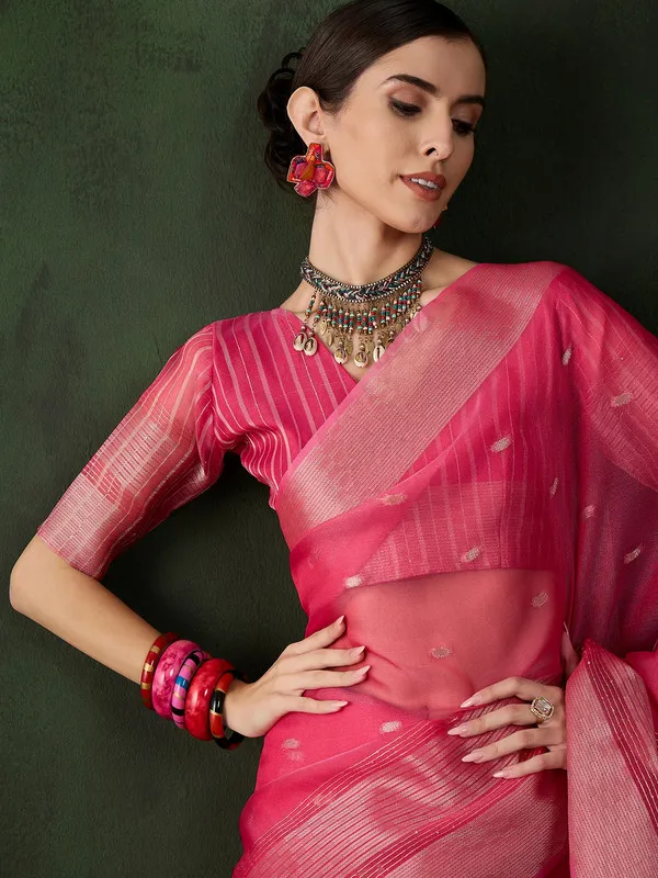 Pink_Khadi_Organza_Premium_&_Elegant_(_Polka_Dot_Jacquard,_Zari_Border_)_Saree_With_Blouse_Piece_For_Women