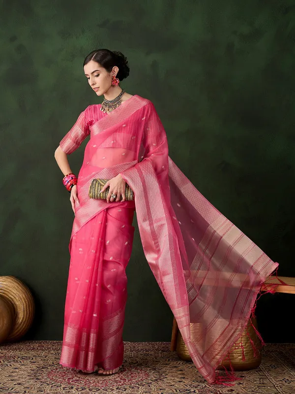 Pink_Khadi_Organza_Premium_&_Elegant_(_Polka_Dot_Jacquard,_Zari_Border_)_Saree_With_Blouse_Piece_For_Women