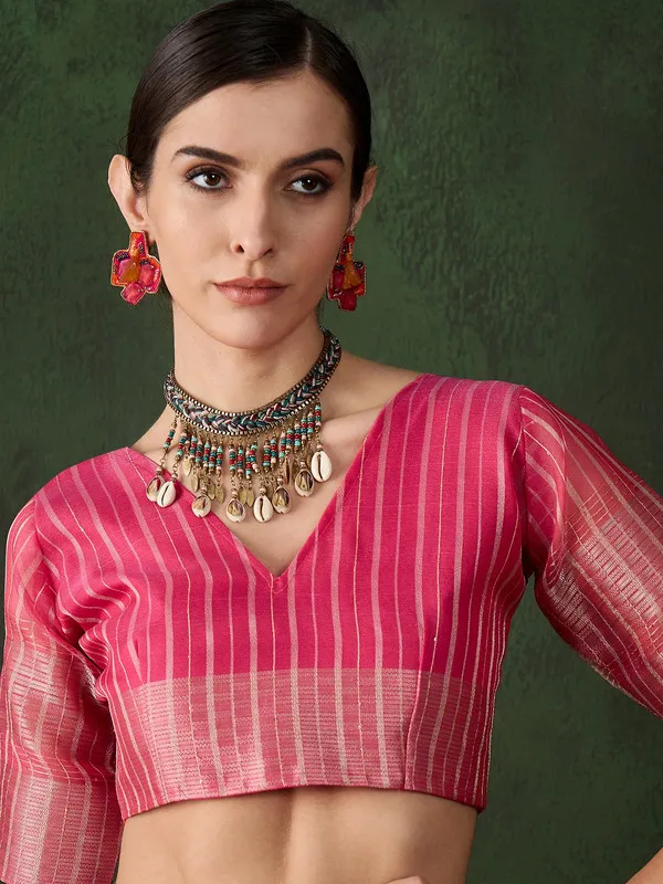 Pink_Khadi_Organza_Premium_&_Elegant_(_Polka_Dot_Jacquard,_Zari_Border_)_Saree_With_Blouse_Piece_For_Women