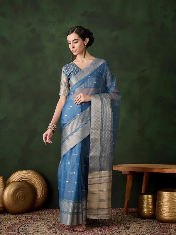 Teal_Khadi_Organza_Premium_&_Elegant_(_Polka_Dot_Jacquard,_Zari_Border_)_Saree_With_Blouse_Piece_For_Women