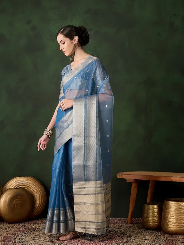 Teal_Khadi_Organza_Premium_&_Elegant_(_Polka_Dot_Jacquard,_Zari_Border_)_Saree_With_Blouse_Piece_For_Women