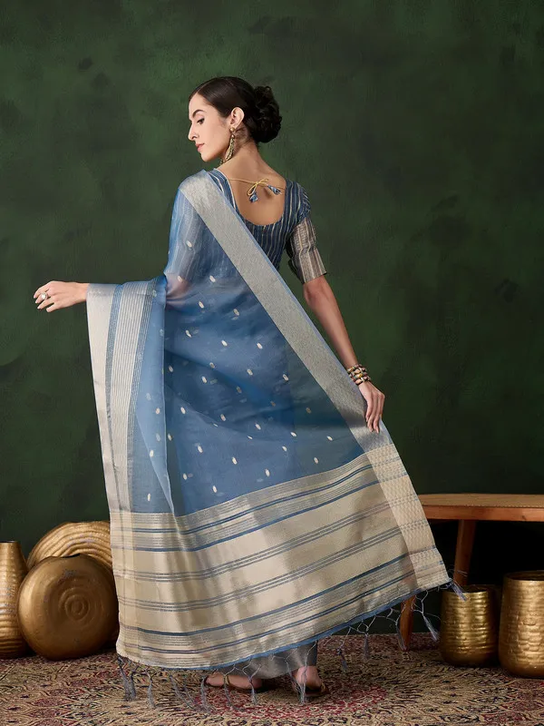Teal_Khadi_Organza_Premium_&_Elegant_(_Polka_Dot_Jacquard,_Zari_Border_)_Saree_With_Blouse_Piece_For_Women
