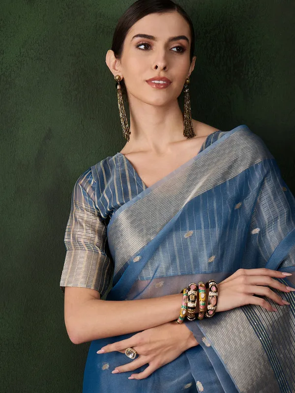 Teal_Khadi_Organza_Premium_&_Elegant_(_Polka_Dot_Jacquard,_Zari_Border_)_Saree_With_Blouse_Piece_For_Women