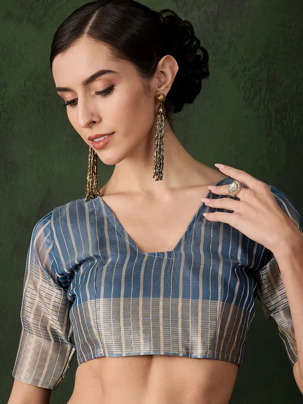 Teal_Khadi_Organza_Premium_&_Elegant_(_Polka_Dot_Jacquard,_Zari_Border_)_Saree_With_Blouse_Piece_For_Women