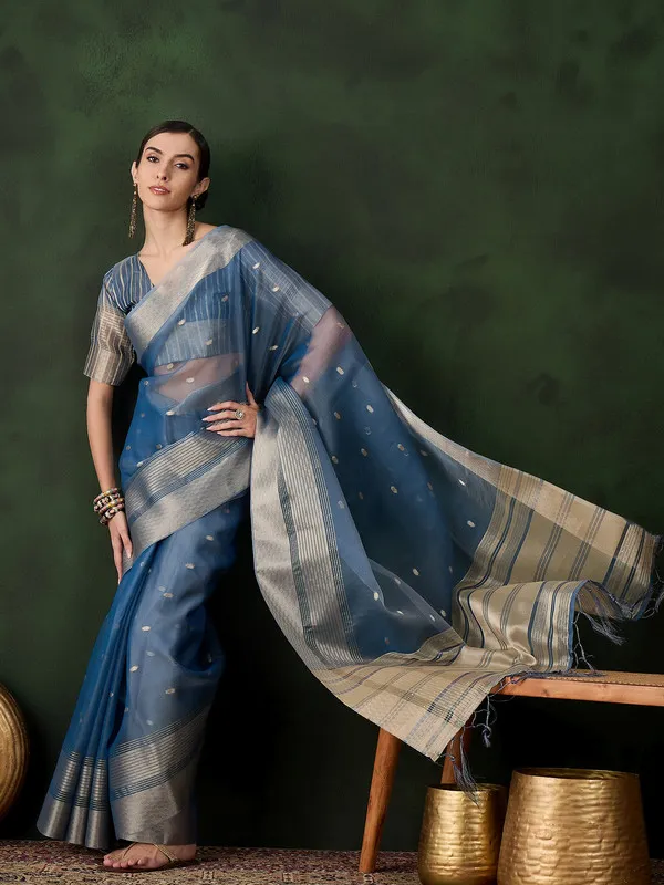 Teal_Khadi_Organza_Premium_&_Elegant_(_Polka_Dot_Jacquard,_Zari_Border_)_Saree_With_Blouse_Piece_For_Women