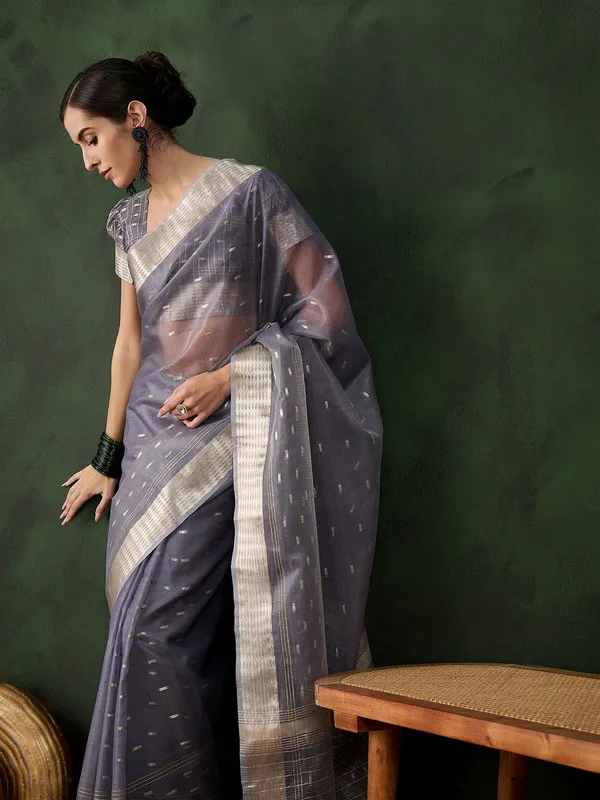 Grey_Khadi_Organza_Premium_&_Elegant_(_Golden_Zari_Jacquard_)_Saree_With_Blouse_Piece_For_Women