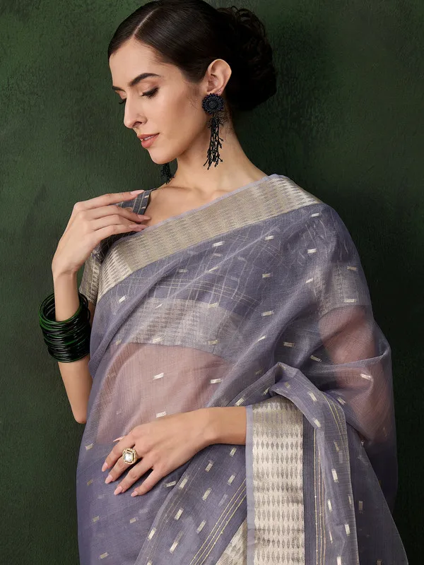 Grey_Khadi_Organza_Premium_&_Elegant_(_Golden_Zari_Jacquard_)_Saree_With_Blouse_Piece_For_Women