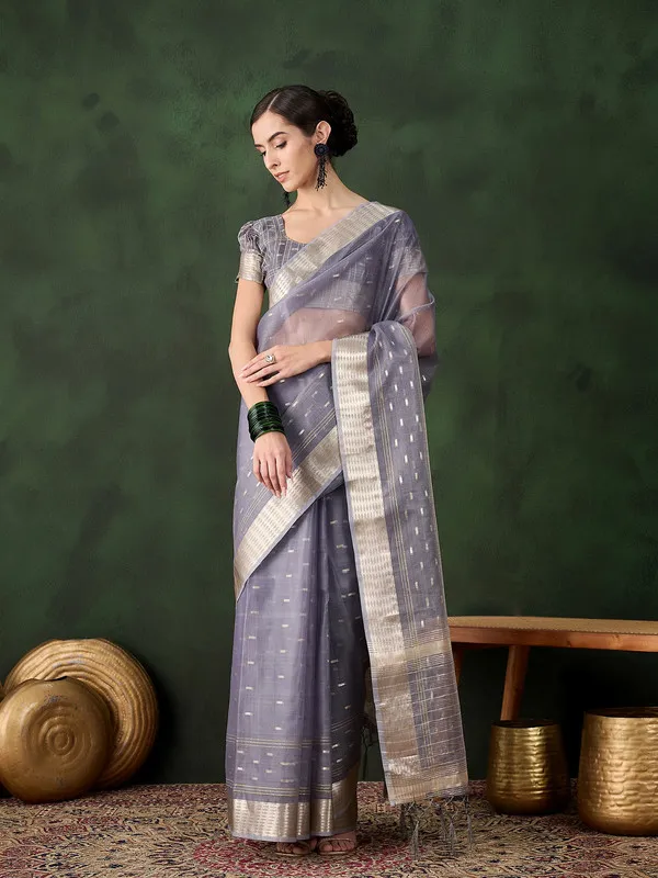 Grey_Khadi_Organza_Premium_&_Elegant_(_Golden_Zari_Jacquard_)_Saree_With_Blouse_Piece_For_Women