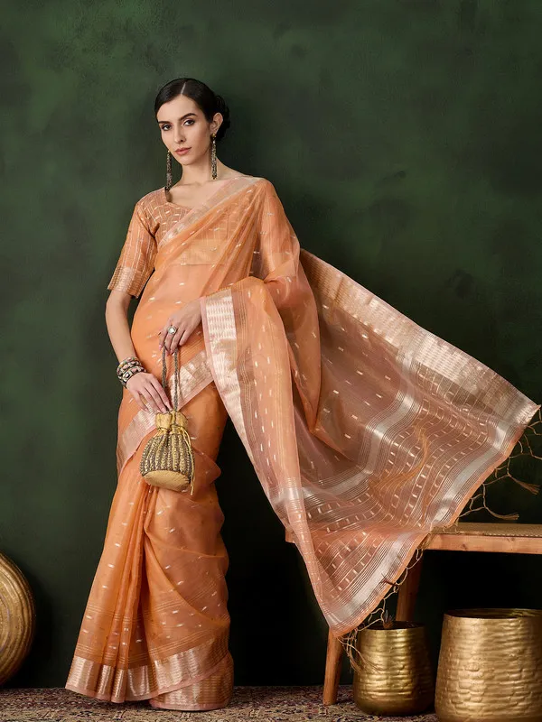 Oceangreen_Khadi_Organza_Premium_&_Elegant_(_Golden_Zari_Jacquard_)_Saree_With_Blouse_Piece_For_Women