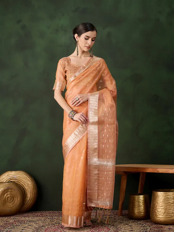 Oceangreen_Khadi_Organza_Premium_&_Elegant_(_Golden_Zari_Jacquard_)_Saree_With_Blouse_Piece_For_Women