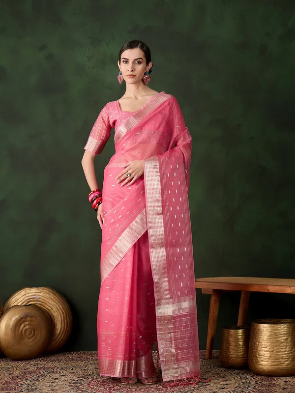 Orange_Khadi_Organza_Premium_&_Elegant_(_Golden_Zari_Jacquard_)_Saree_With_Blouse_Piece_For_Women