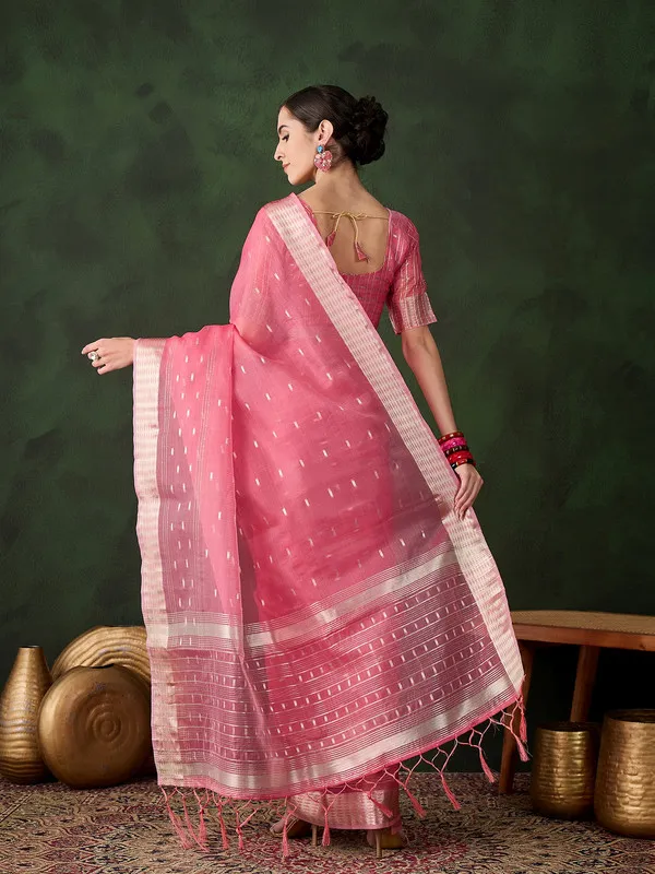 Orange_Khadi_Organza_Premium_&_Elegant_(_Golden_Zari_Jacquard_)_Saree_With_Blouse_Piece_For_Women