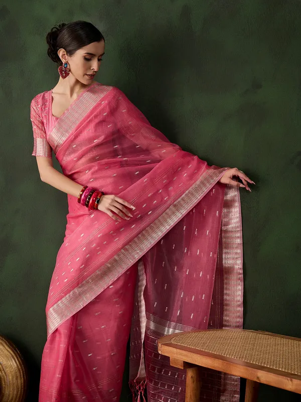 Orange_Khadi_Organza_Premium_&_Elegant_(_Golden_Zari_Jacquard_)_Saree_With_Blouse_Piece_For_Women
