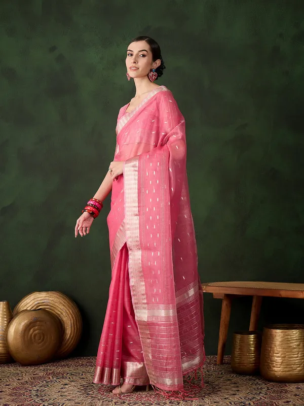Orange_Khadi_Organza_Premium_&_Elegant_(_Golden_Zari_Jacquard_)_Saree_With_Blouse_Piece_For_Women