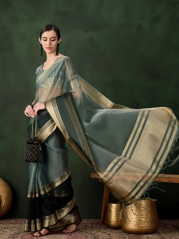 Green_Khadi_Organza_Premium_&_Elegant_Saree_With_Blouse_Piece_For_Women