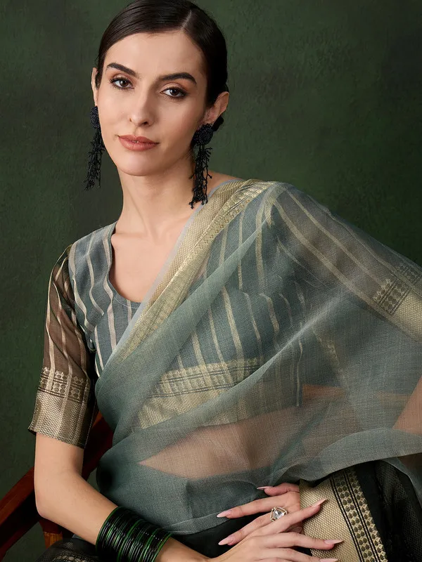 Green_Khadi_Organza_Premium_&_Elegant_Saree_With_Blouse_Piece_For_Women