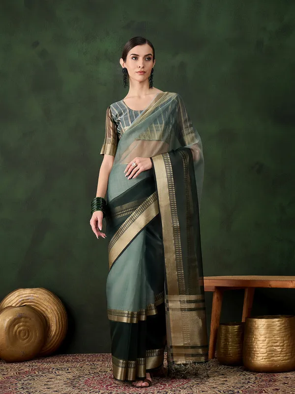 Green_Khadi_Organza_Premium_&_Elegant_Saree_With_Blouse_Piece_For_Women