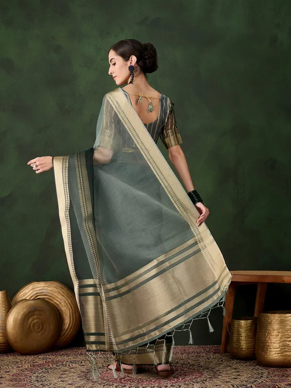 Green_Khadi_Organza_Premium_&_Elegant_Saree_With_Blouse_Piece_For_Women