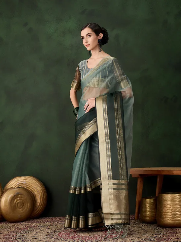 Green_Khadi_Organza_Premium_&_Elegant_Saree_With_Blouse_Piece_For_Women