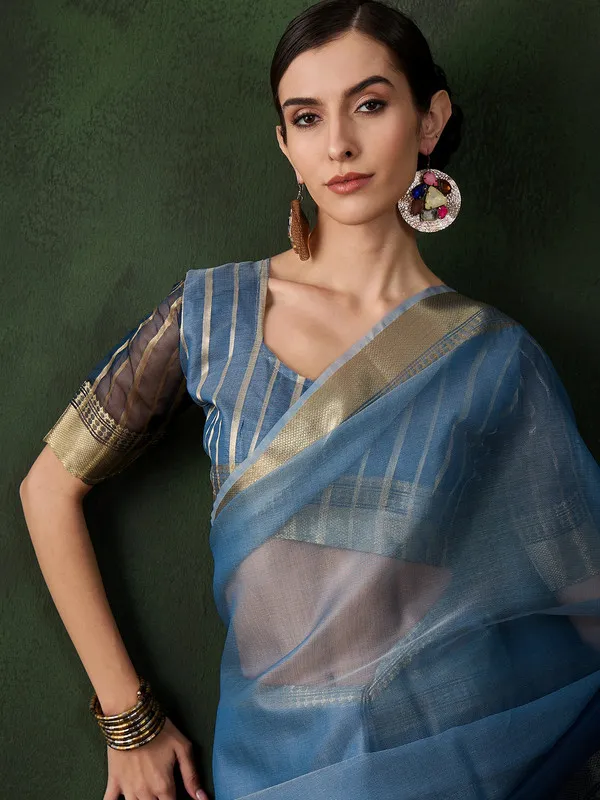 Tealblue_Khadi_Organza_Premium_&_Elegant_Saree_With_Blouse_Piece_For_Women