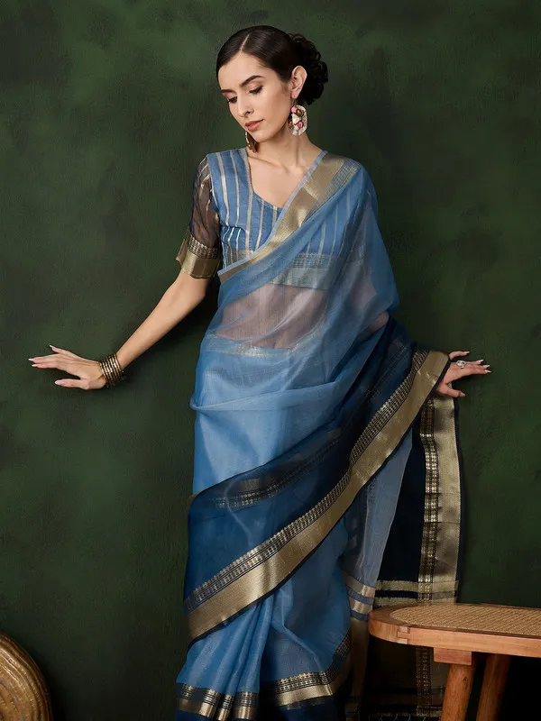 Tealblue_Khadi_Organza_Premium_&_Elegant_Saree_With_Blouse_Piece_For_Women