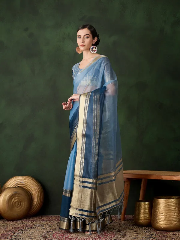 Tealblue_Khadi_Organza_Premium_&_Elegant_Saree_With_Blouse_Piece_For_Women