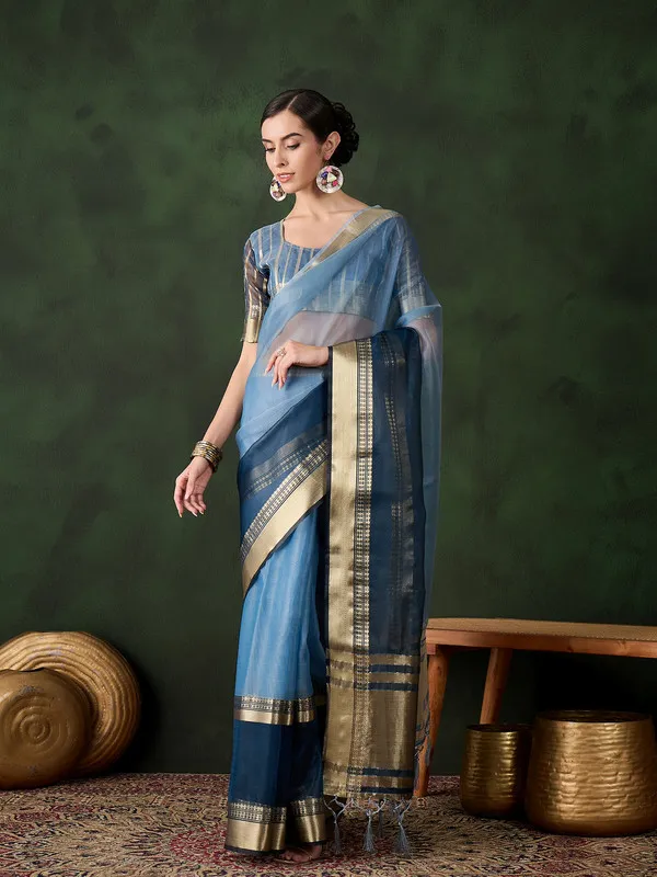 Tealblue_Khadi_Organza_Premium_&_Elegant_Saree_With_Blouse_Piece_For_Women