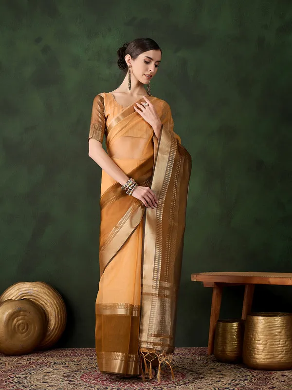 Orange_Khadi_Organza_Premium_&_Elegant_Saree_With_Blouse_Piece_For_Women