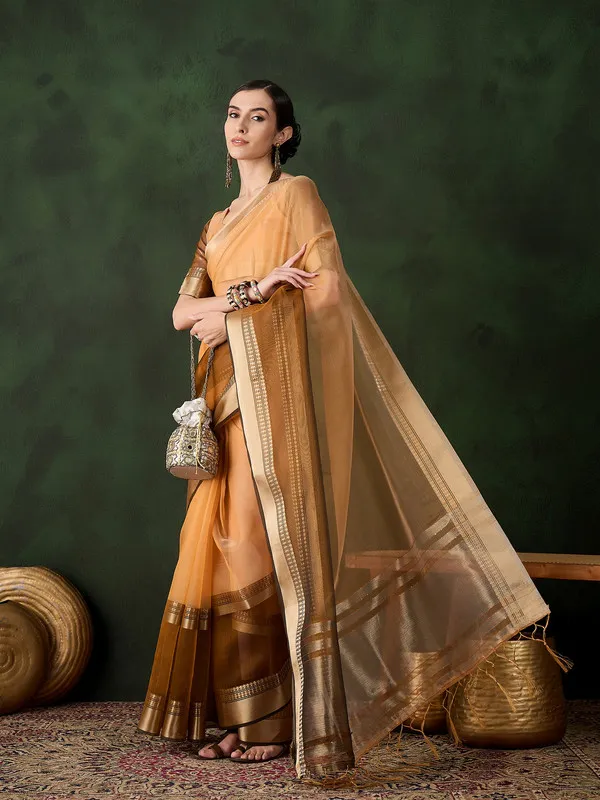Orange_Khadi_Organza_Premium_&_Elegant_Saree_With_Blouse_Piece_For_Women