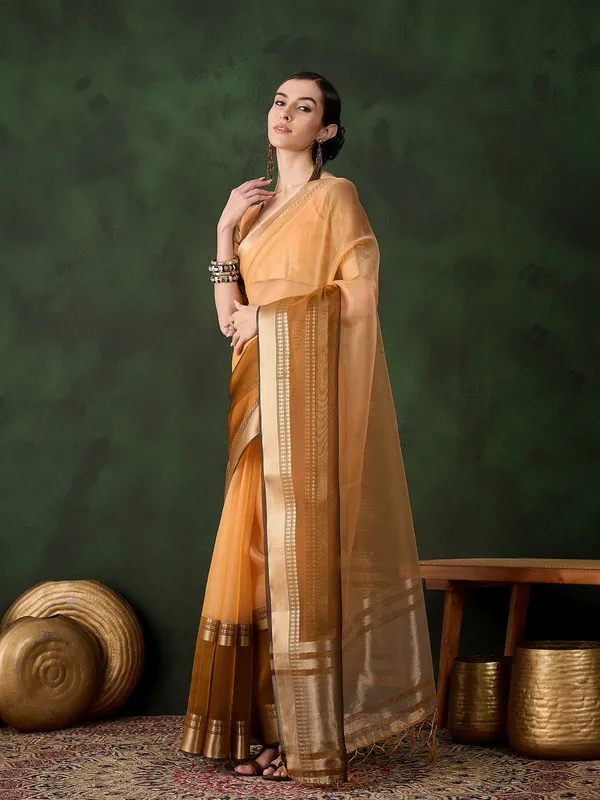 Orange_Khadi_Organza_Premium_&_Elegant_Saree_With_Blouse_Piece_For_Women