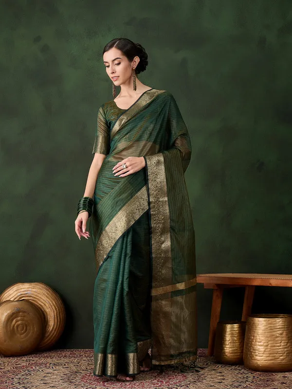 Green_Khadi_Organza_Premium_&_Elegant_Saree_With_Blouse_Piece_For_Women