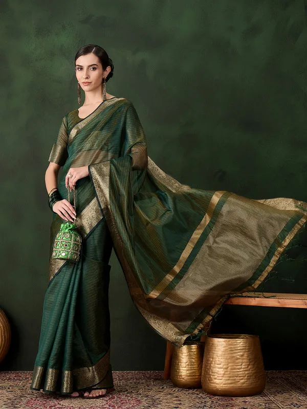 Green_Khadi_Organza_Premium_&_Elegant_Saree_With_Blouse_Piece_For_Women