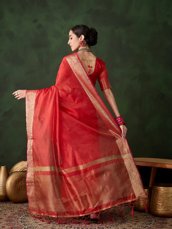 Red_Khadi_Organza_Premium_&_Elegant_Saree_With_Blouse_Piece_For_Women