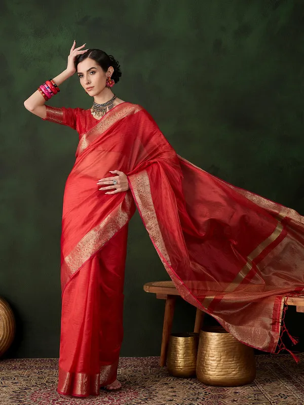 Red_Khadi_Organza_Premium_&_Elegant_Saree_With_Blouse_Piece_For_Women