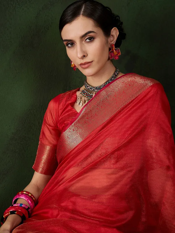 Red_Khadi_Organza_Premium_&_Elegant_Saree_With_Blouse_Piece_For_Women