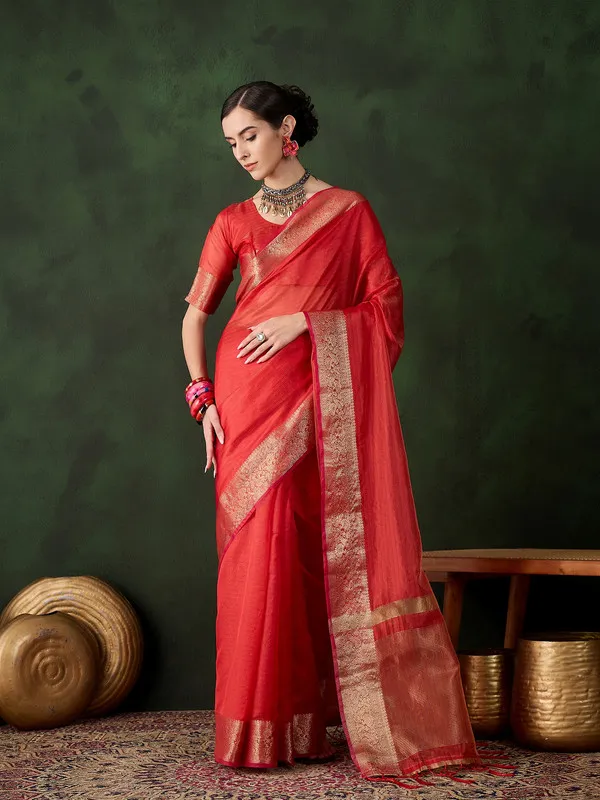 Red_Khadi_Organza_Premium_&_Elegant_Saree_With_Blouse_Piece_For_Women