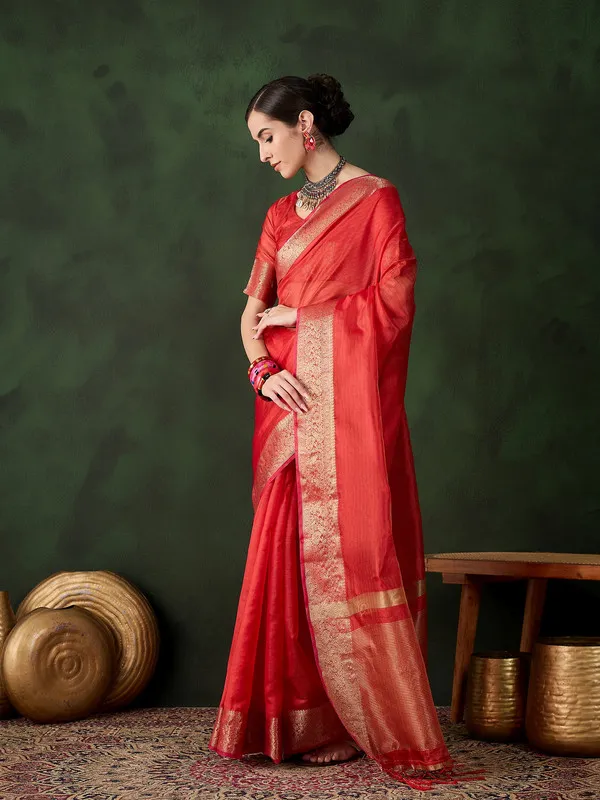 Red_Khadi_Organza_Premium_&_Elegant_Saree_With_Blouse_Piece_For_Women