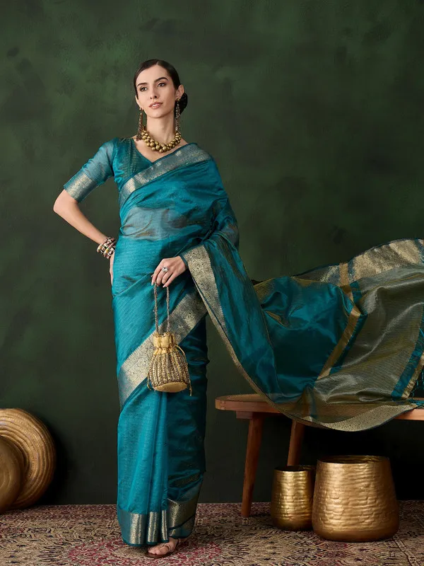 Tealblue_Khadi_Organza_Premium_&_Elegant_Saree_With_Blouse_Piece_For_Women