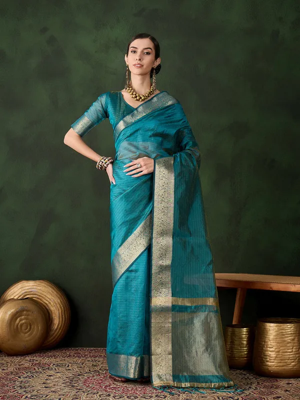 Tealblue_Khadi_Organza_Premium_&_Elegant_Saree_With_Blouse_Piece_For_Women