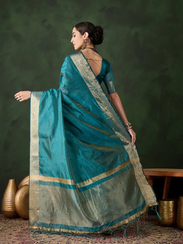 Tealblue_Khadi_Organza_Premium_&_Elegant_Saree_With_Blouse_Piece_For_Women