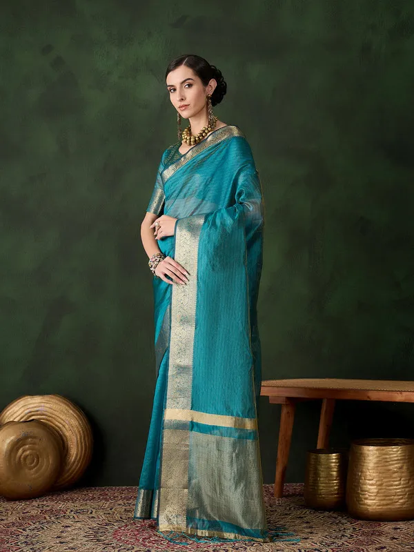 Tealblue_Khadi_Organza_Premium_&_Elegant_Saree_With_Blouse_Piece_For_Women