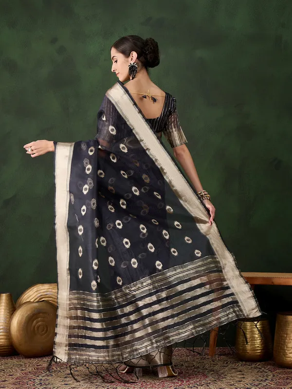 Black_Khadi_Organza_Premium_&_Elegant_(_Matching_)_Saree_With_Blouse_Piece_For_Women