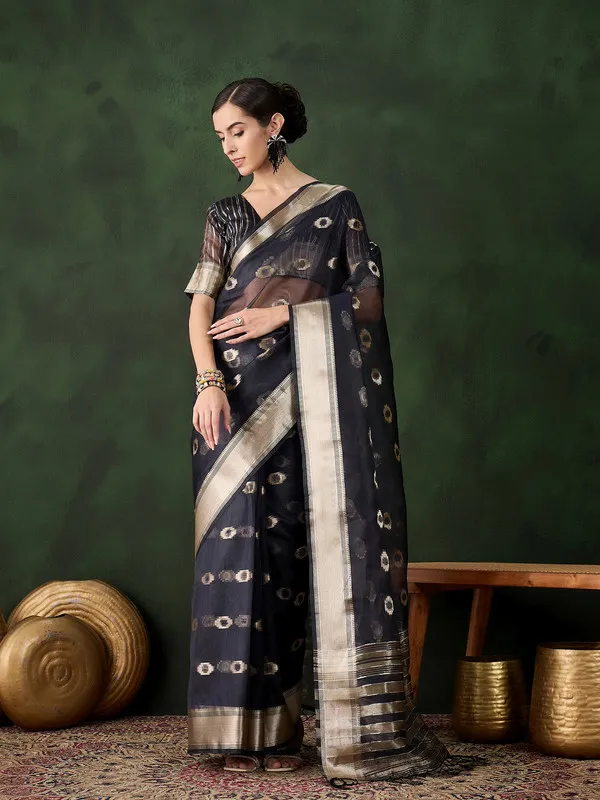 Black_Khadi_Organza_Premium_&_Elegant_(_Matching_)_Saree_With_Blouse_Piece_For_Women